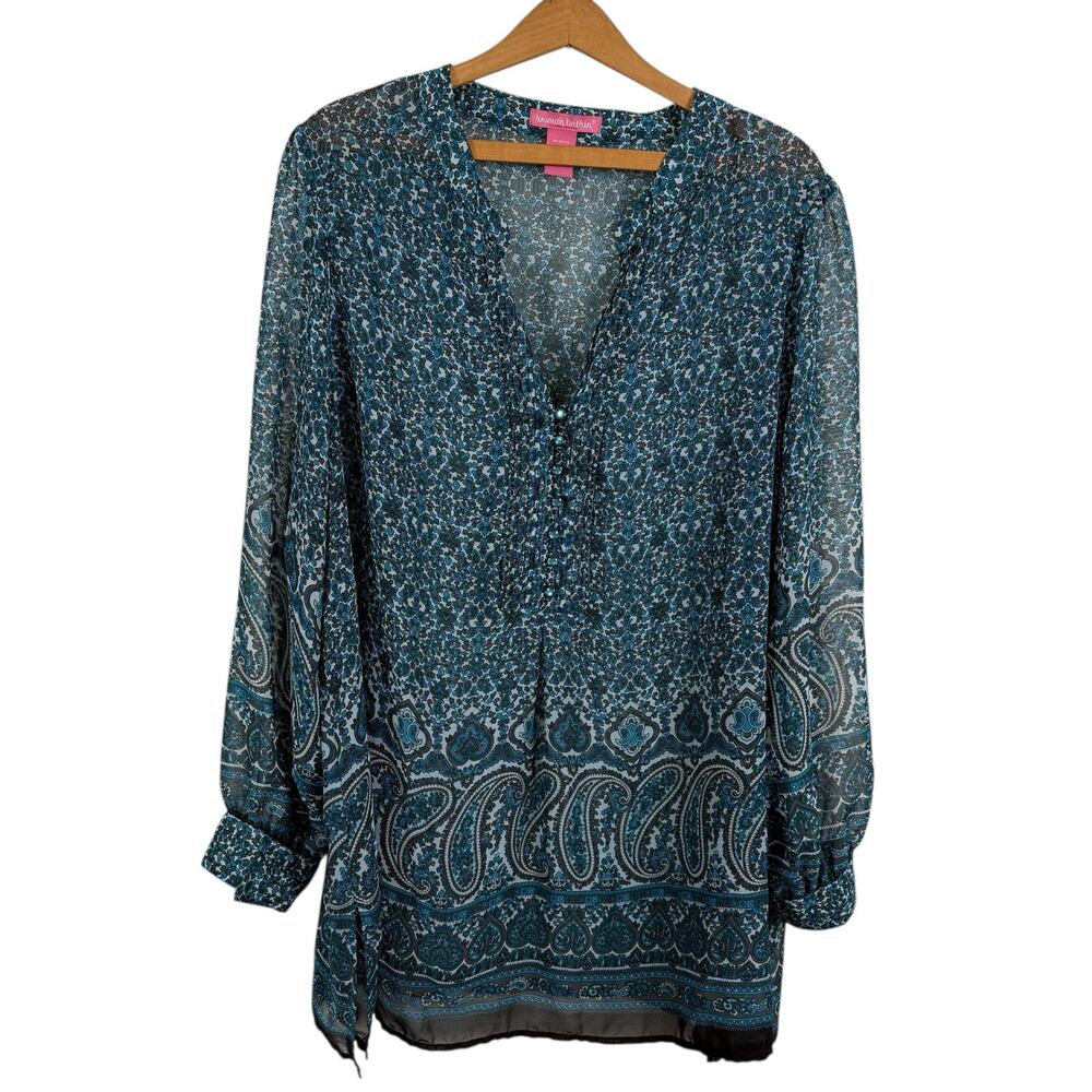 Woman Within Sheer Tunic Top Size Large Long Sleeves V-Neck Pintuck Boho Hippie